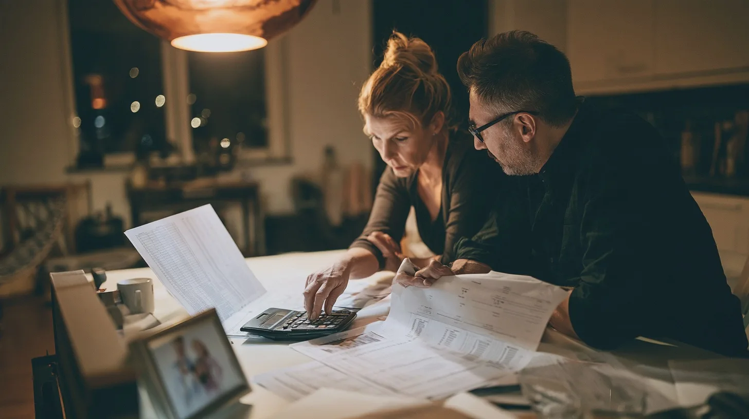 Older couple sitting at a kitchen table reviewing pension paperwork together