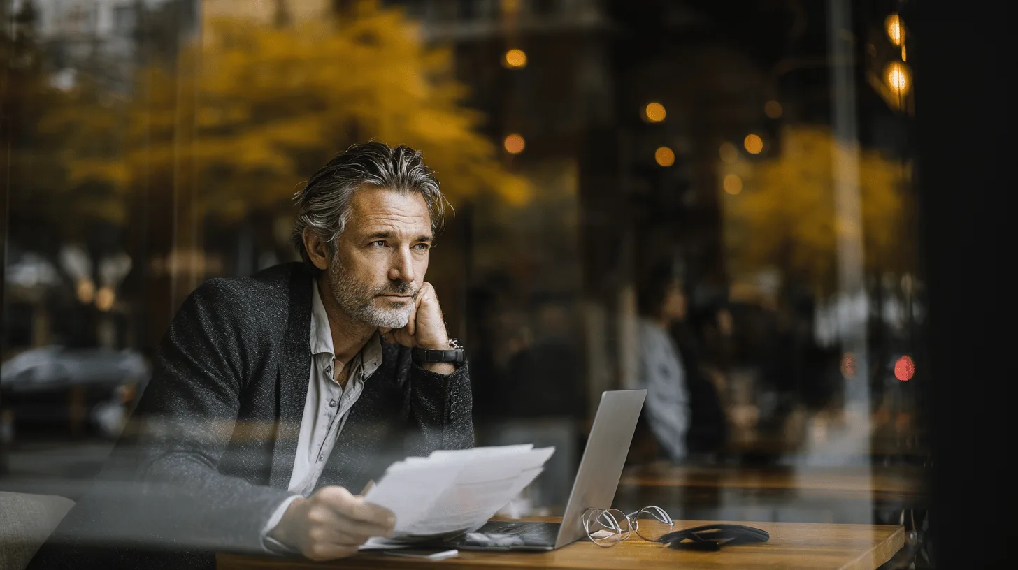 Man in his fifties updating his LinkedIn profile on a laptop at the kitchen table