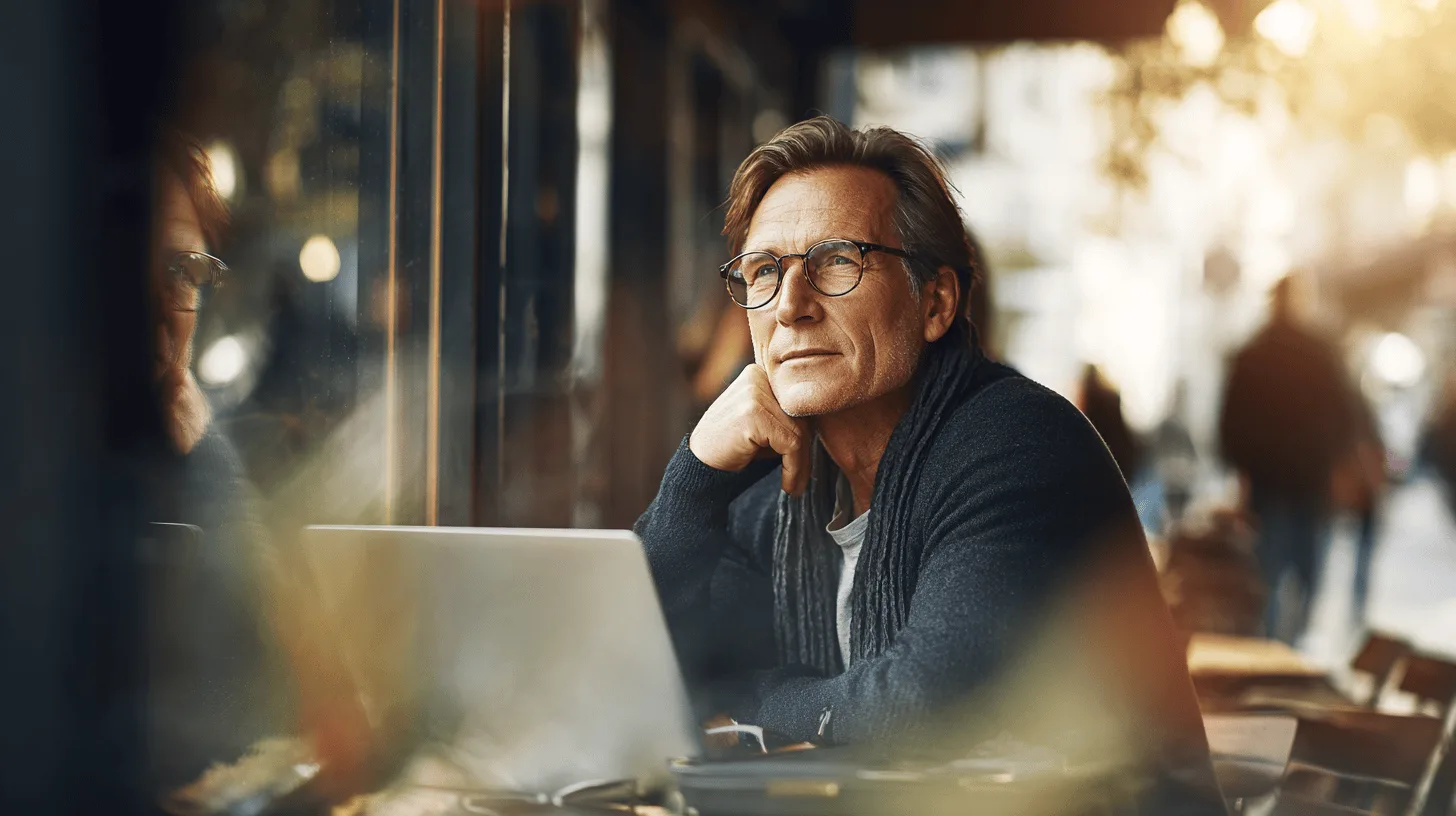 Older manager watching a younger colleague lead a meeting in an open-plan office