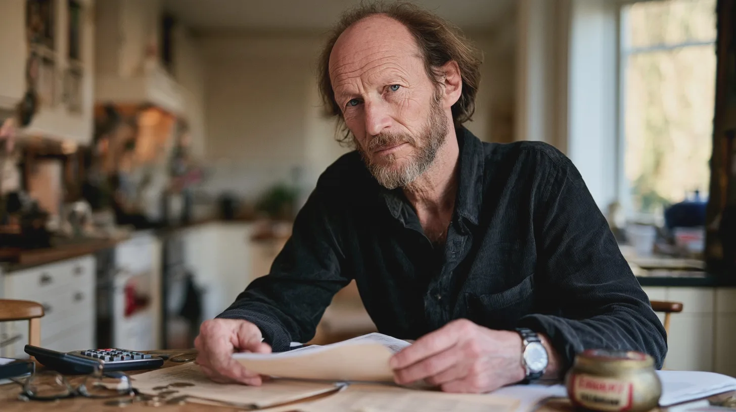 Middle-aged man reviewing pension statements and fund charges at a kitchen table