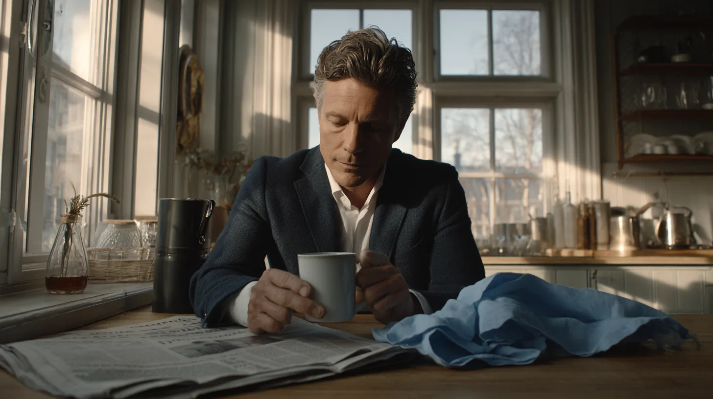 Man at a kitchen table noticing a slight tremor in his hand