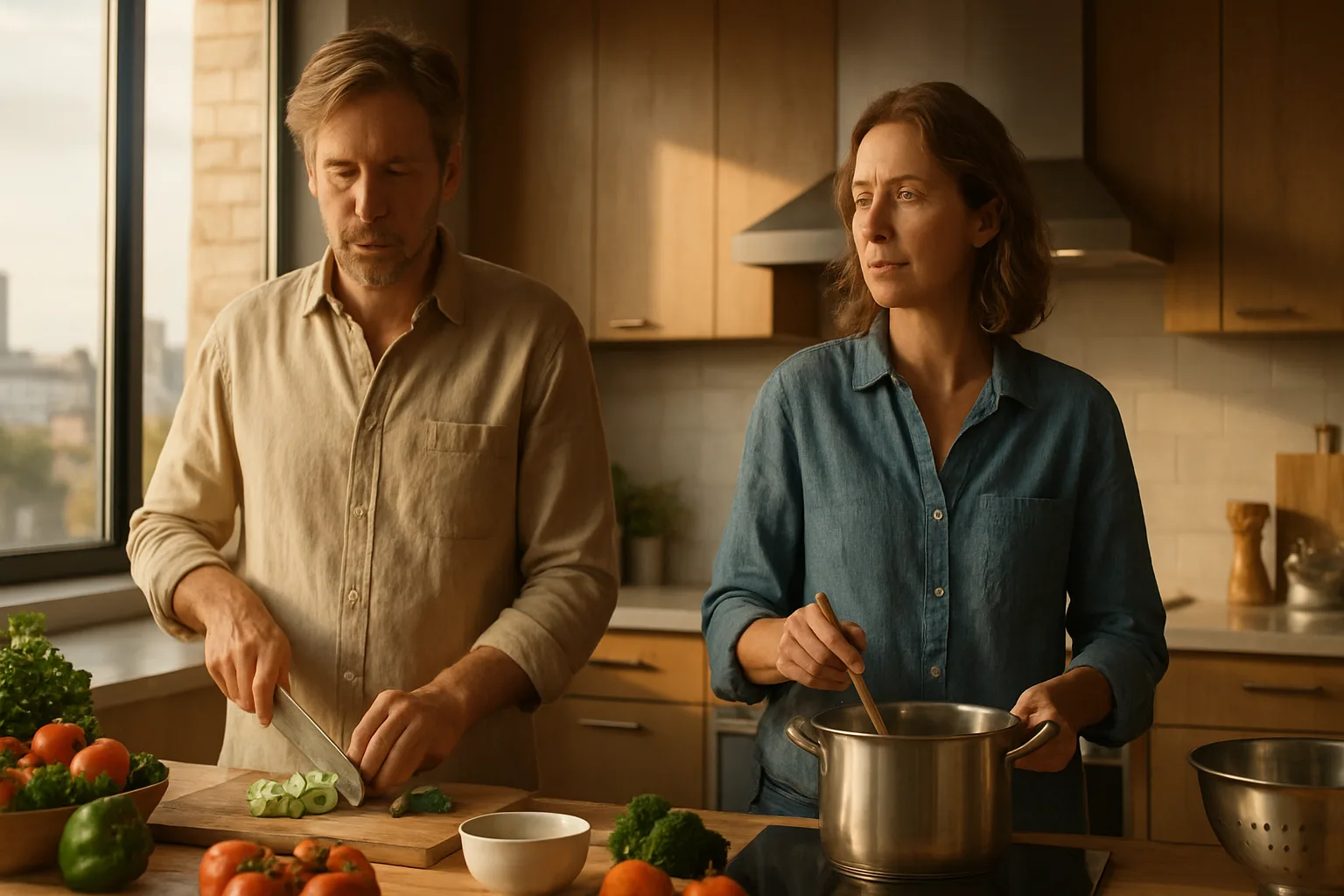 Middle-aged couple sitting apart at a kitchen table, each looking at their phone