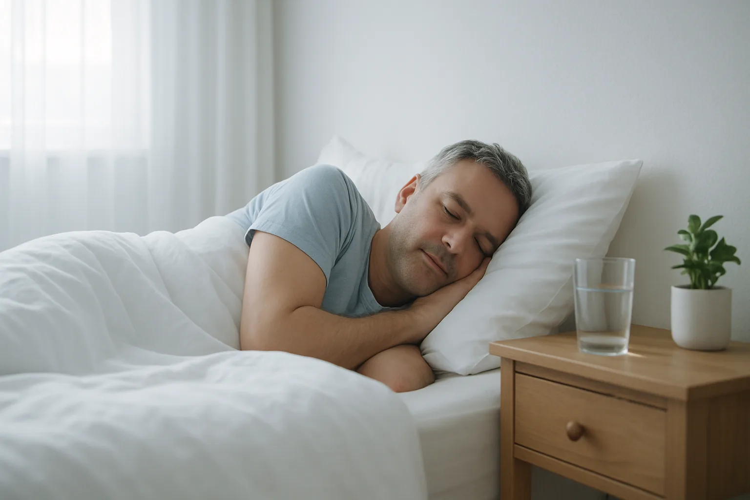 Tired man in his fifties rubbing his eyes at a kitchen table in the morning