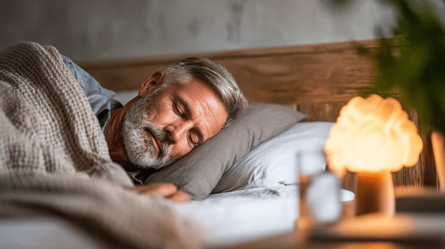Man fitting a CPAP mask before bed for sleep apnoea treatment