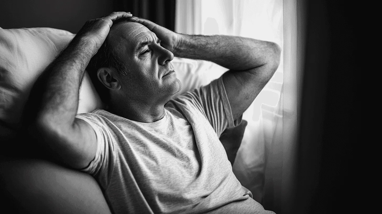 Middle-aged man lying awake in bed at night looking at the ceiling