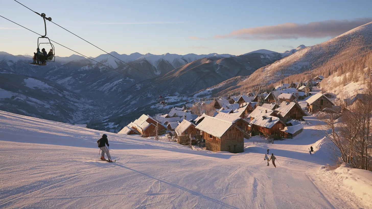 Snow-covered Alpine village with wooden chalets and a church spire below ski slopes