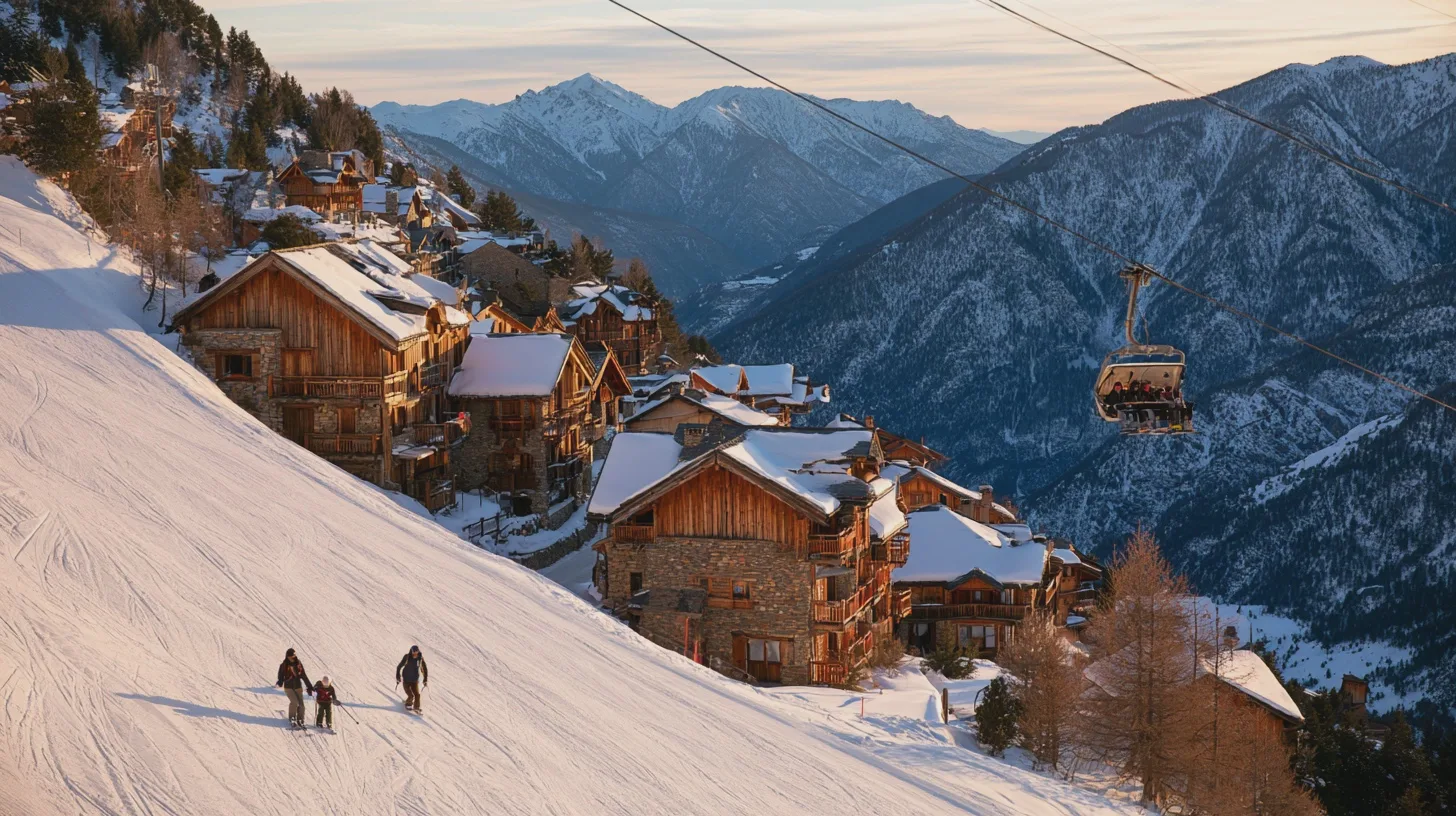 Skier on a quiet tree-lined piste above a small village in winter sunshine