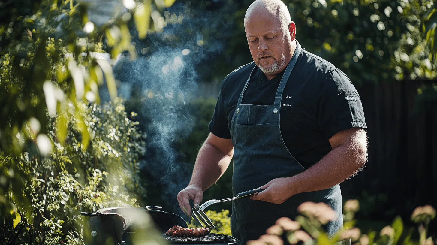 Smartphone app showing meat temperature beside a sizzling garden barbecue