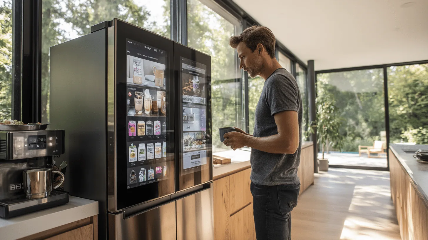 Large stainless steel American-style fridge freezer with a touchscreen on the door