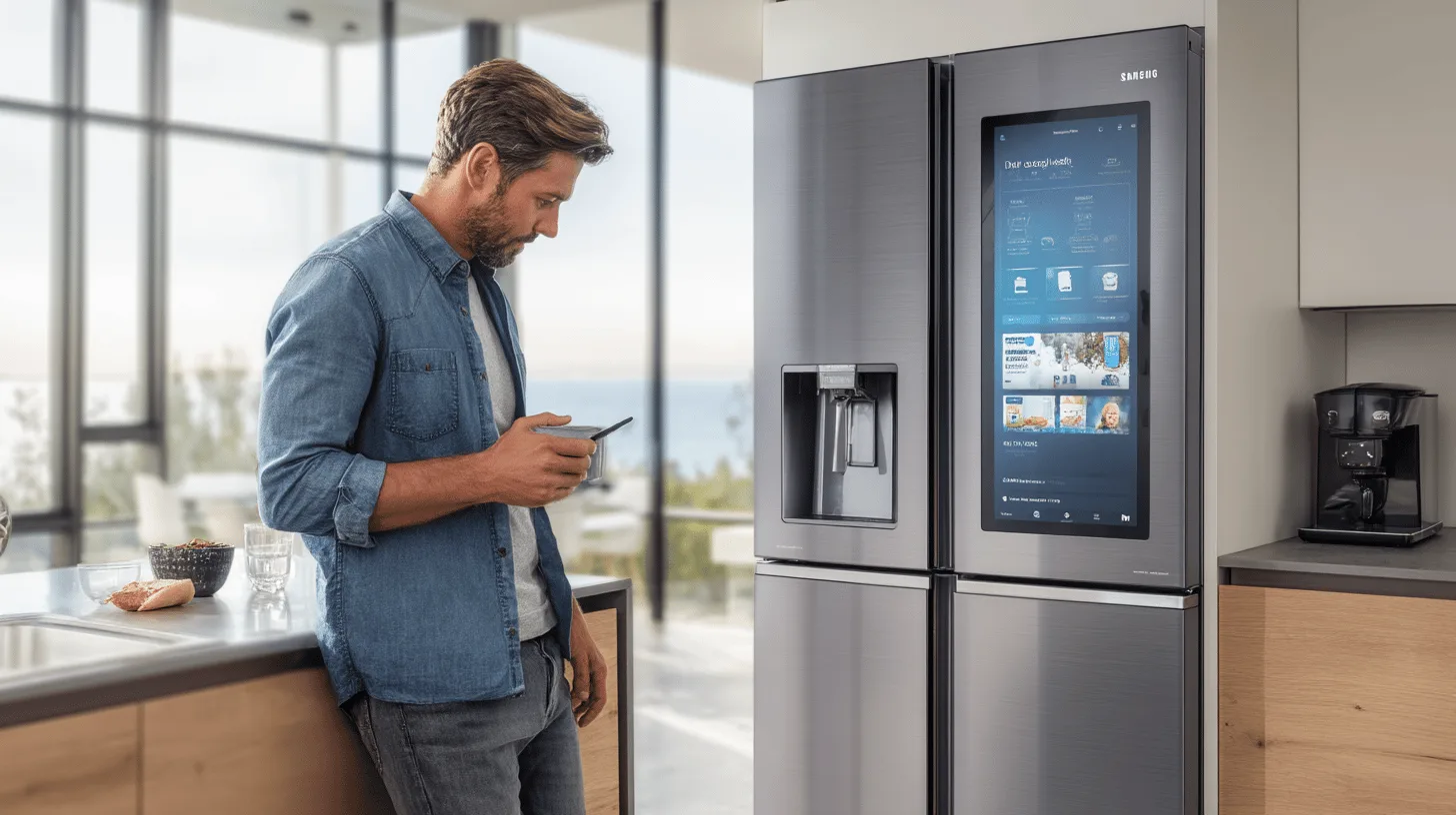 Open fridge with well-stocked shelves and a small wireless thermometer inside