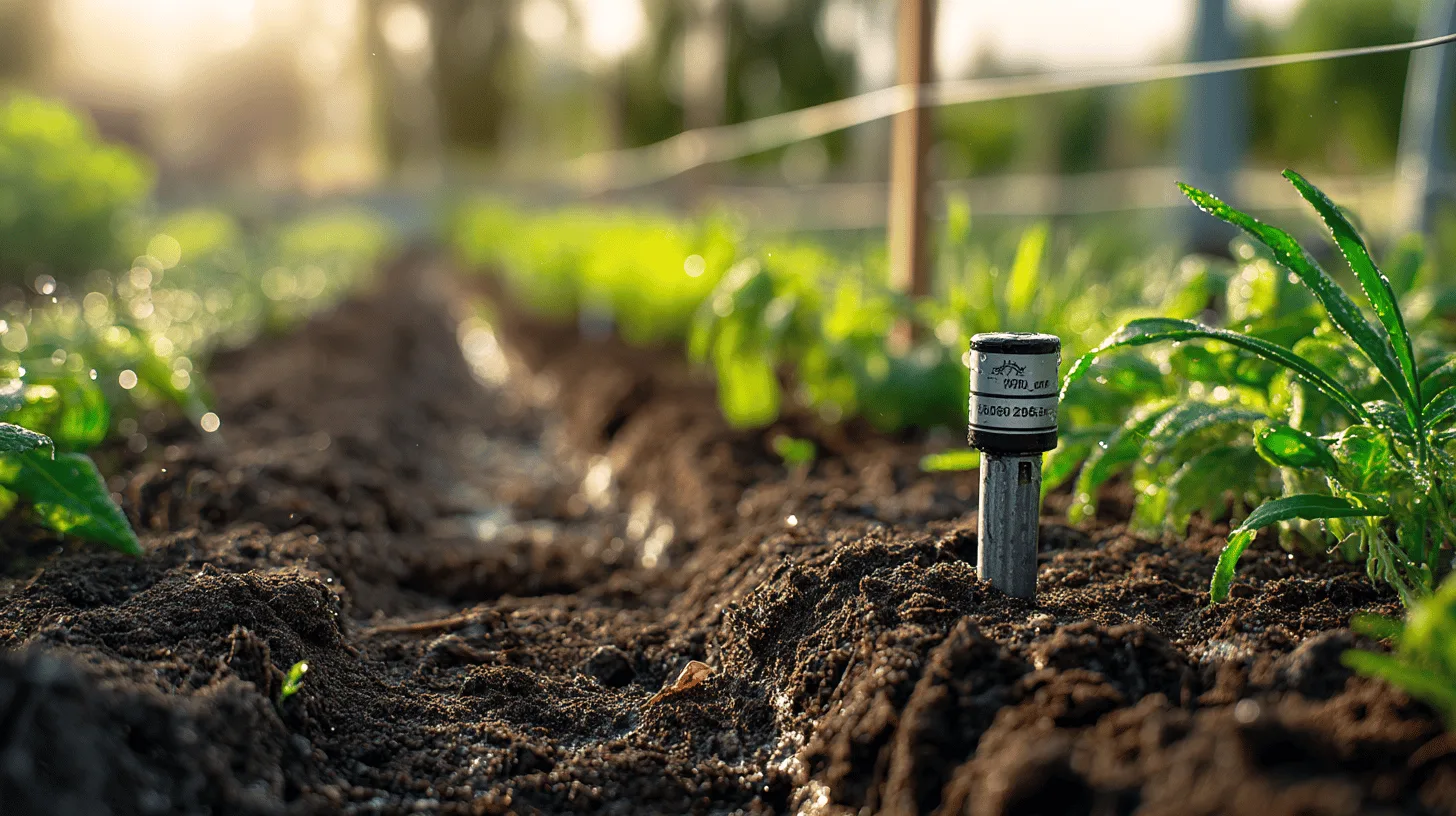 Smartphone app showing soil moisture readings beside a garden sprinkler