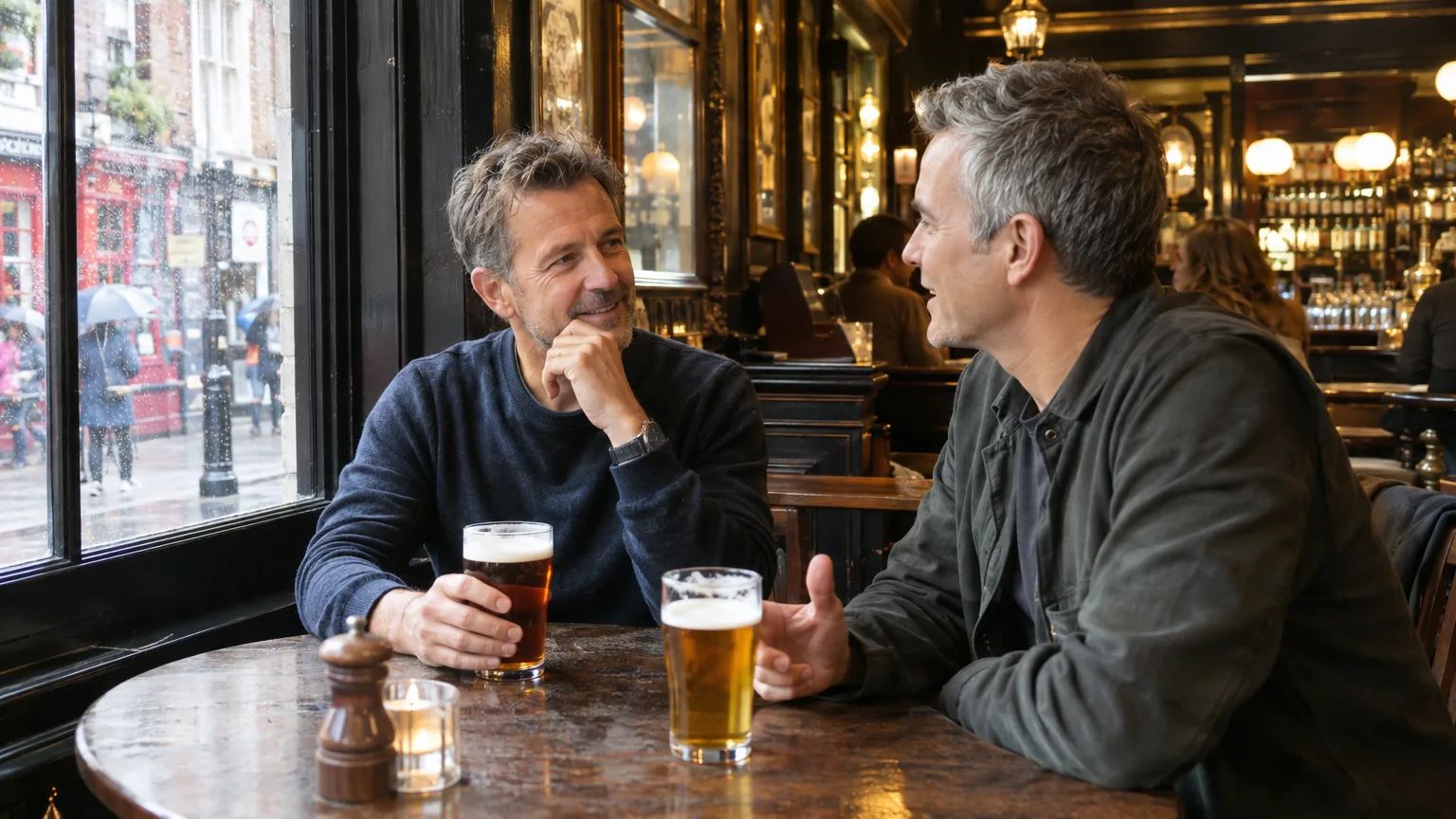 Photograph-lined walls and half pints of beer inside the French House, Dean Street