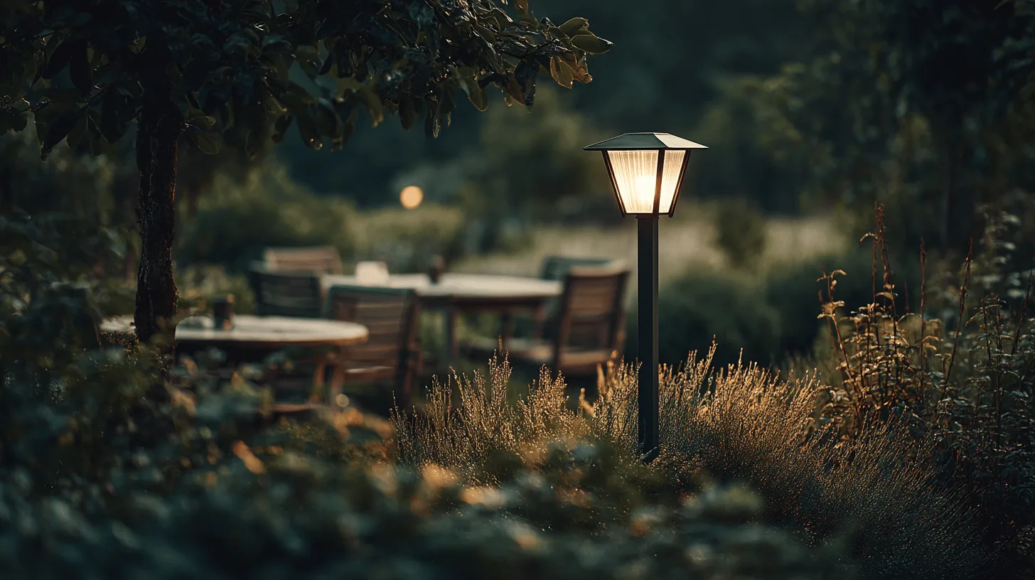 Solar stake lights glowing along a garden path at dusk beside flower beds