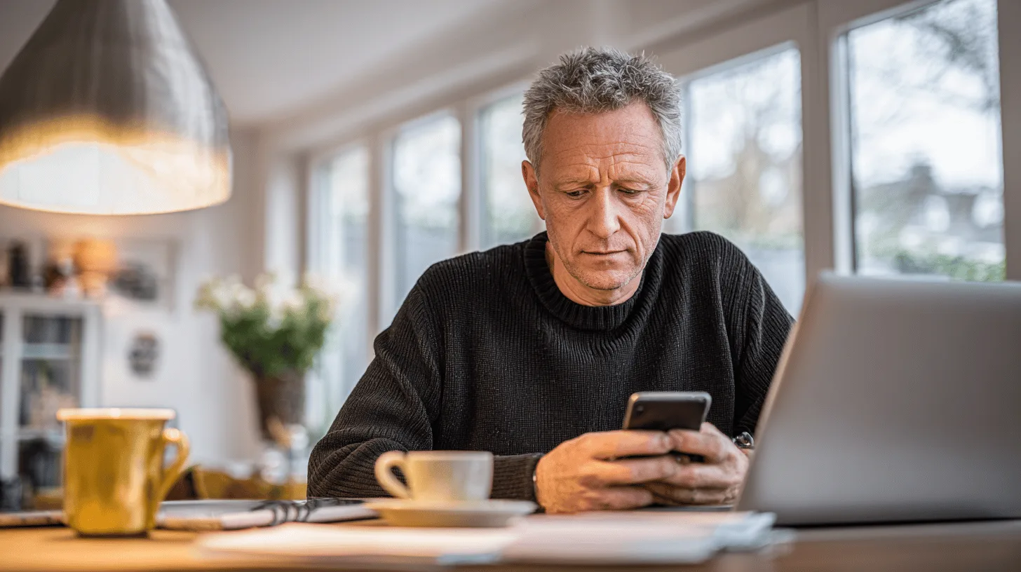 Man checks a suspicious bank text before responding