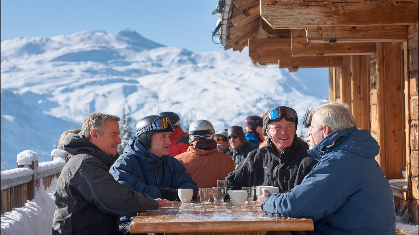 Friends resting on a sunny terrace above an Alpine ski slope