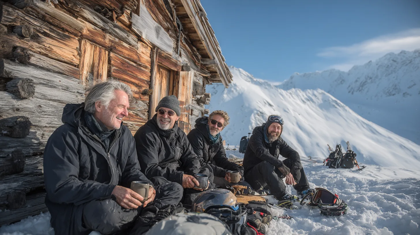 A mountain restaurant terrace with skis propped beside the tables