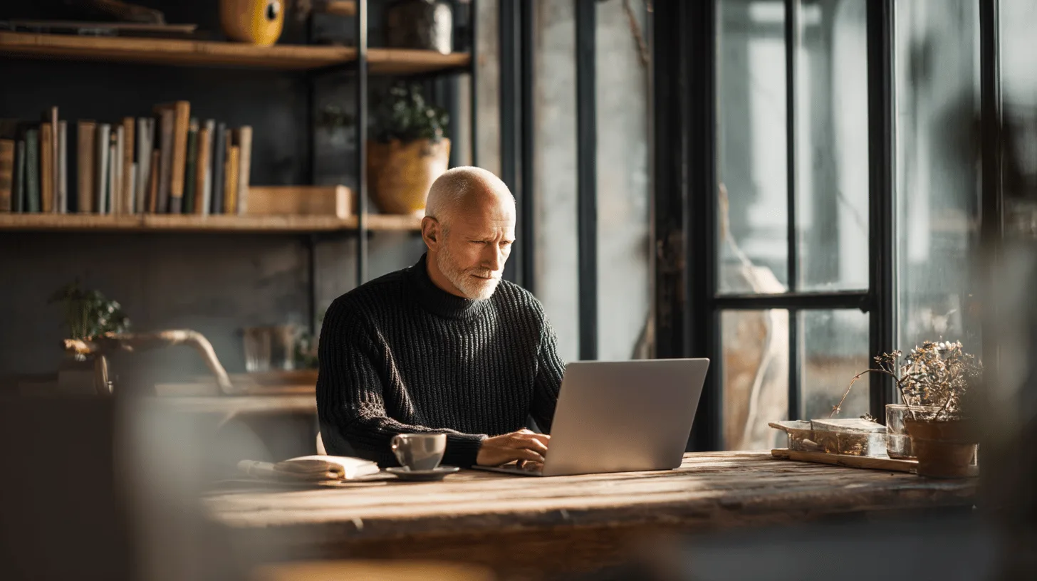 Man checking pension paperwork at a desk in his home office