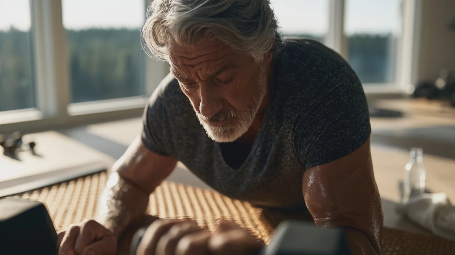Man in his fifties doing a controlled squat at home