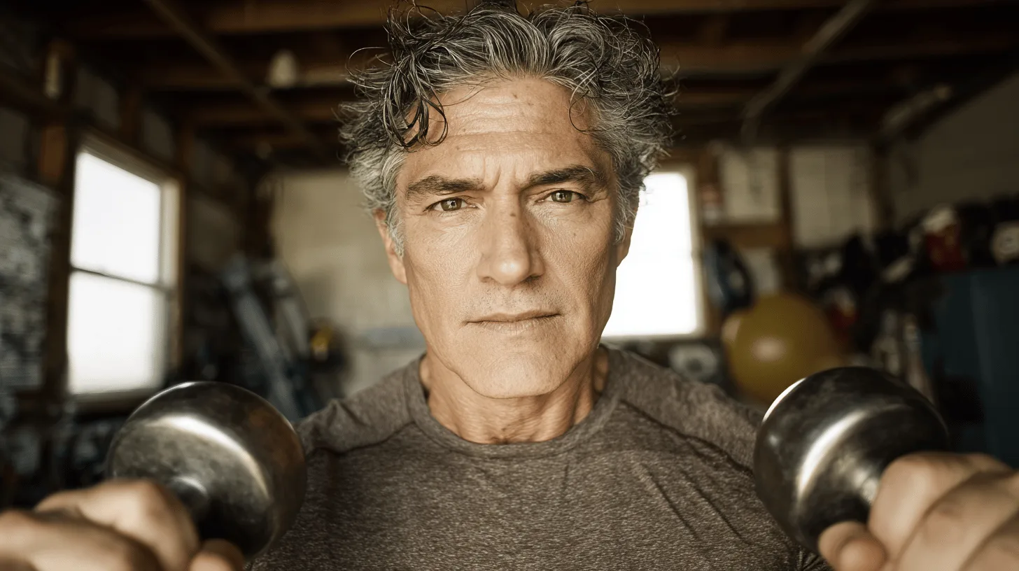Middle-aged man doing bodyweight squats from a kitchen chair at home