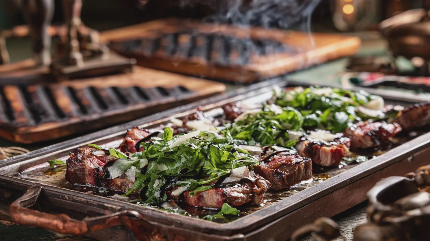Sliced medium-rare steak on rocket with parmesan shavings and balsamic on a wooden board