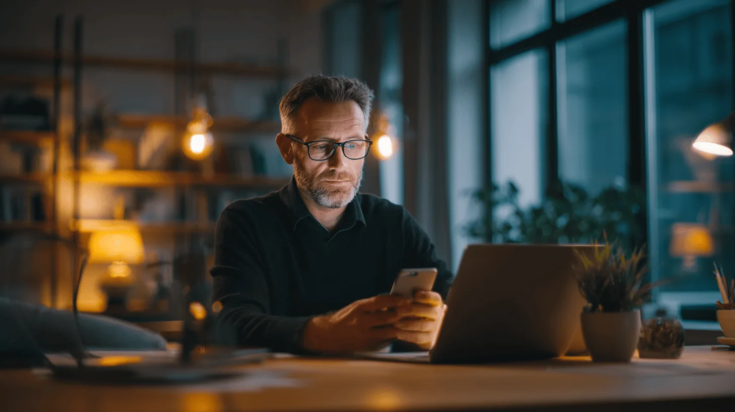 Middle-aged man calmly using an older smartphone at a kitchen table
