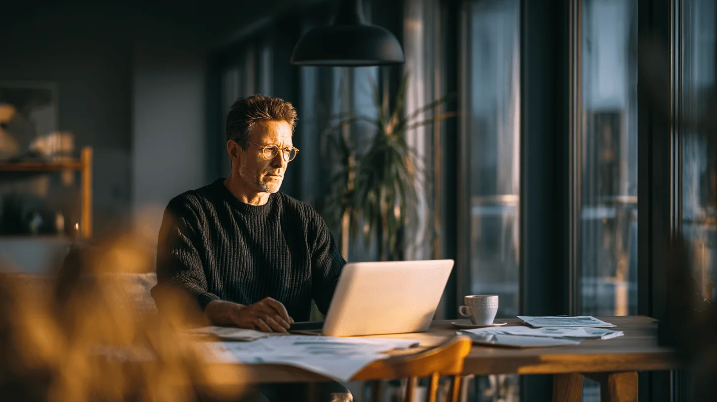 Middle-aged man reviewing investment statements and a laptop at his kitchen table