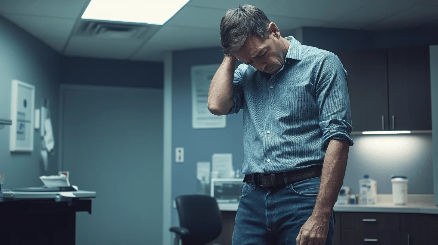 Doctor gently examining the front of a man's neck during a consultation