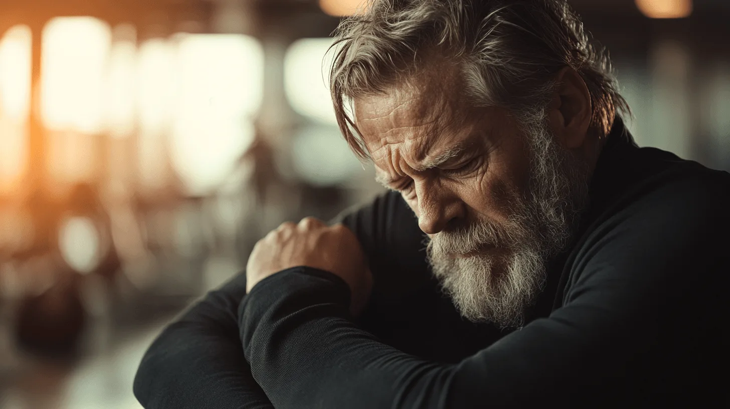 Tired middle-aged man rubbing his eyes at a kitchen table in the morning