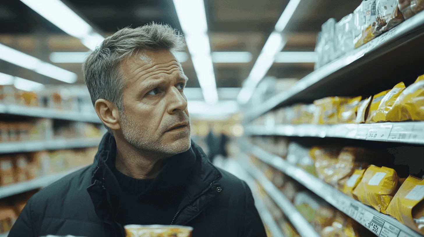 Supermarket shelves stacked with brightly packaged snacks, biscuits and breakfast cereals