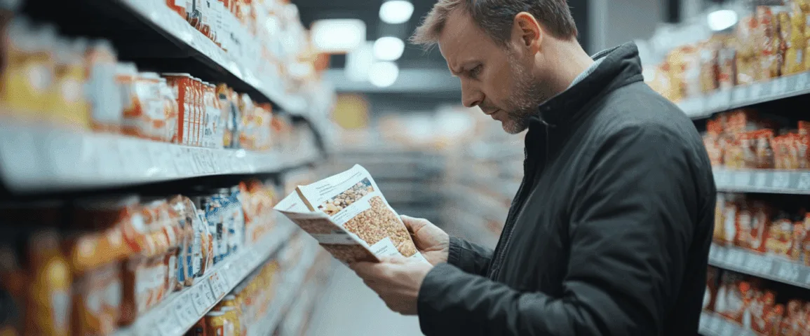Middle-aged man reading the ingredients label on a packaged ready meal