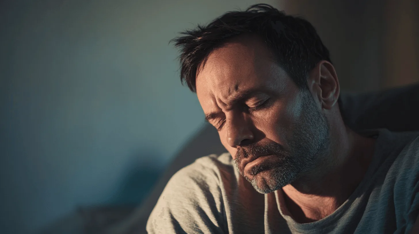 Middle-aged man sitting thoughtfully at his kitchen table in morning light