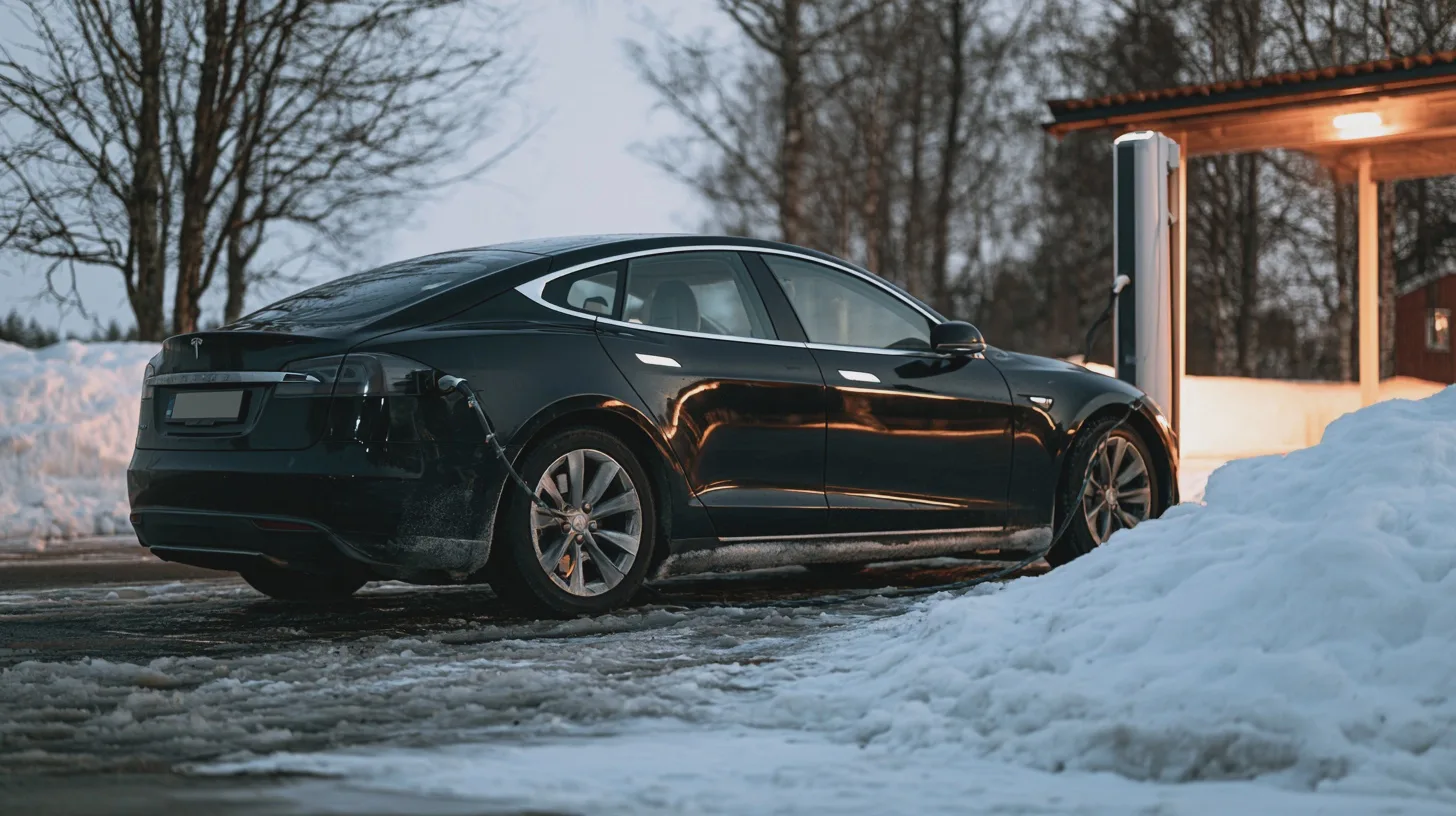 Man inspecting a used electric car on a dealer forecourt on a grey day