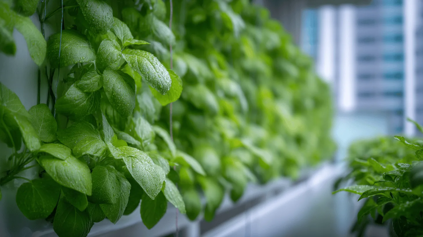 Smart indoor garden with LED grow light and basil on a kitchen worktop
