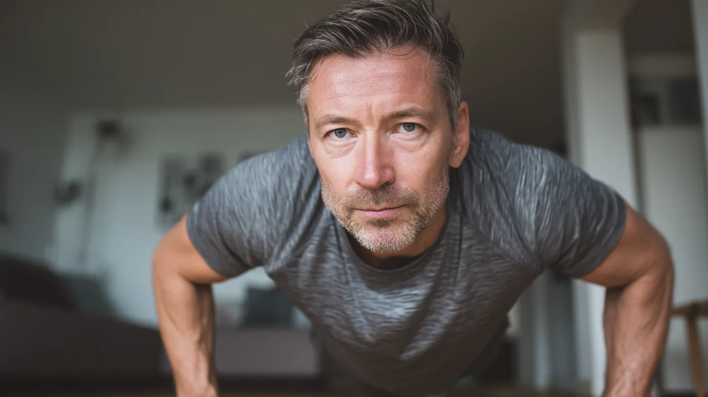 Man in his fifties holding a vitamin D tablet and a glass of water at a kitchen table