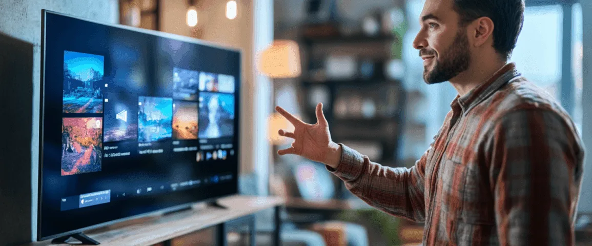 Television displaying a bright landscape beside a sunlit window