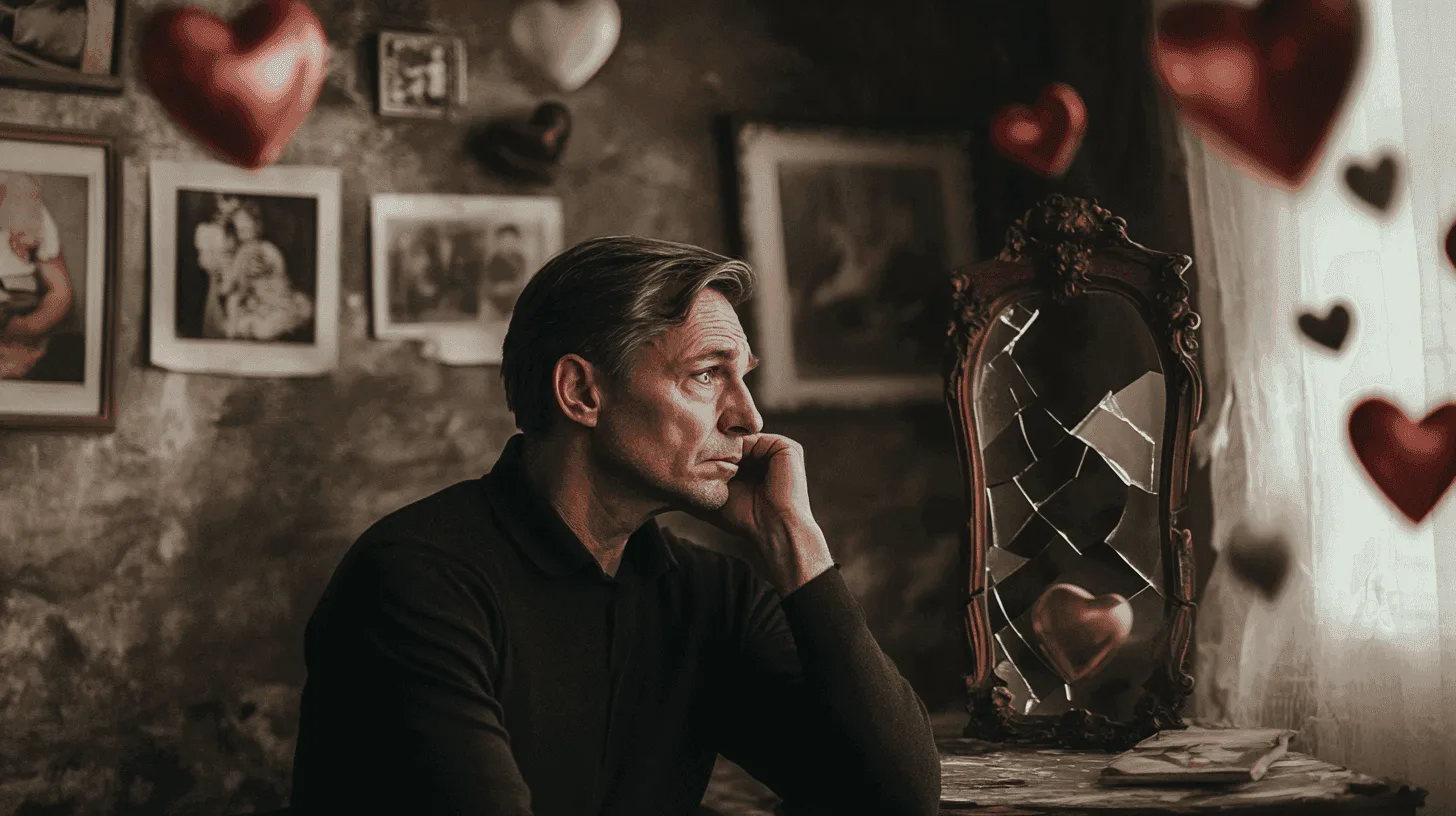Middle-aged man sitting alone at a kitchen table with paperwork and a cup of coffee